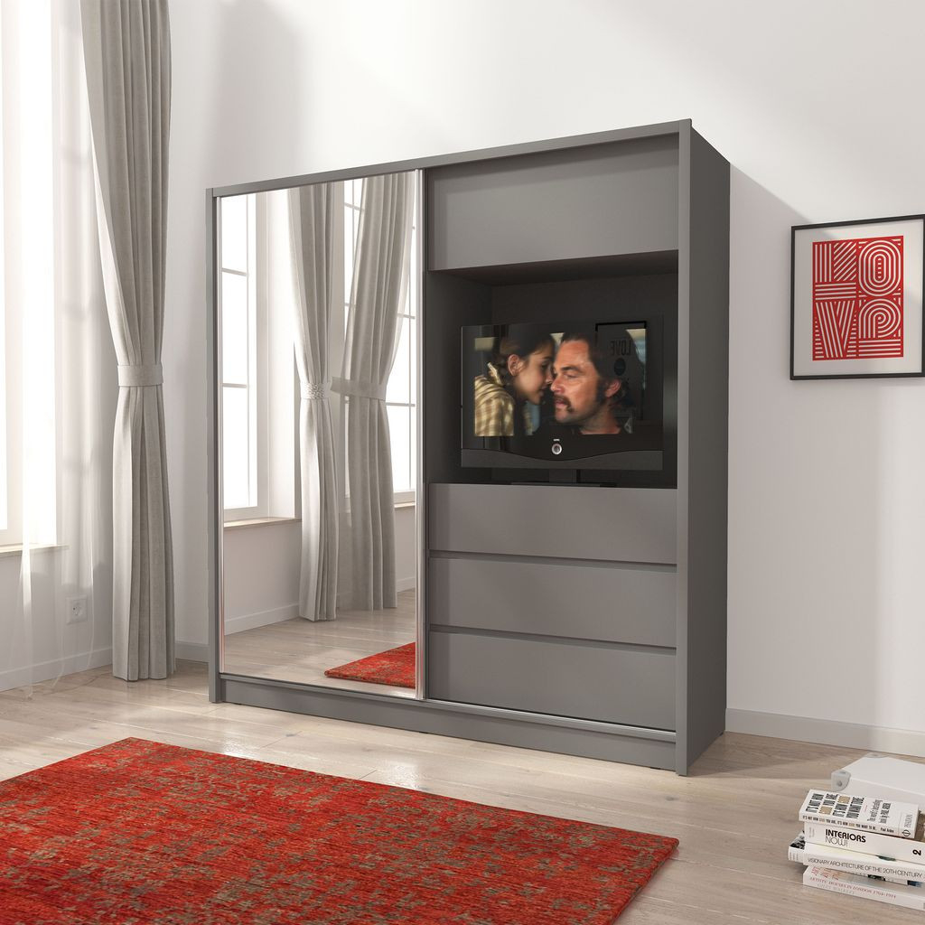 Furniture24 Schwebetürenschrank Tv 200, Kleiderschrank, Media Schrank,  Schlafzimmerschrank Mit Spiegel, Kleiderstange, 3 Schubladen Und Tv Fach within Kleiderschrank Tv