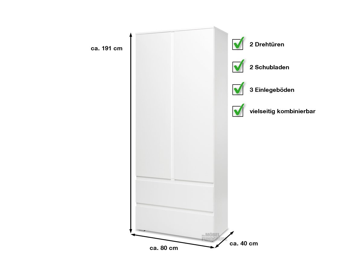 Kleiderschrank Weiß 80 Cm 2-Türig - Image pertaining to Kleiderschrank 80 Cm