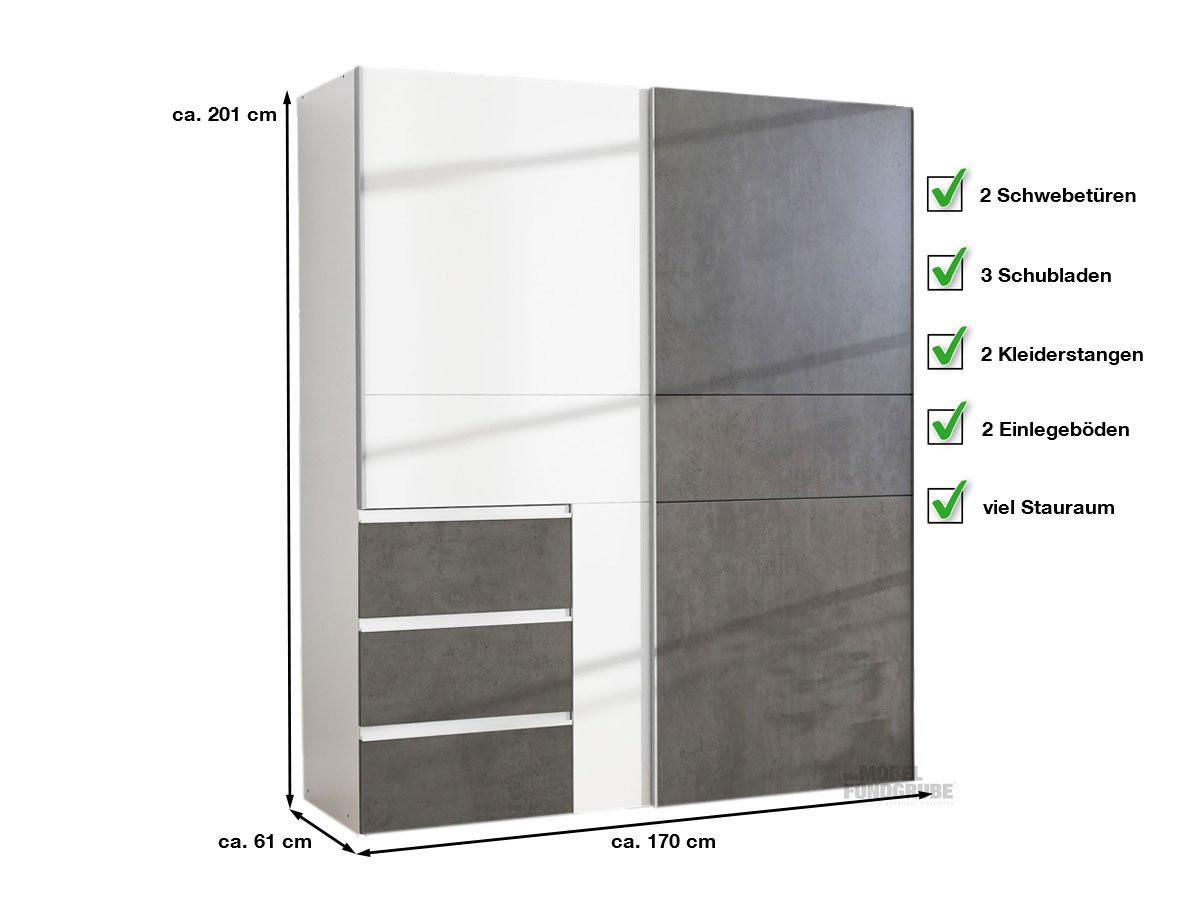 Schwebetürenschrank Weiß - Grau 170 Cm 2-Türig - Winn with Kleiderschrank 170 Cm Breit