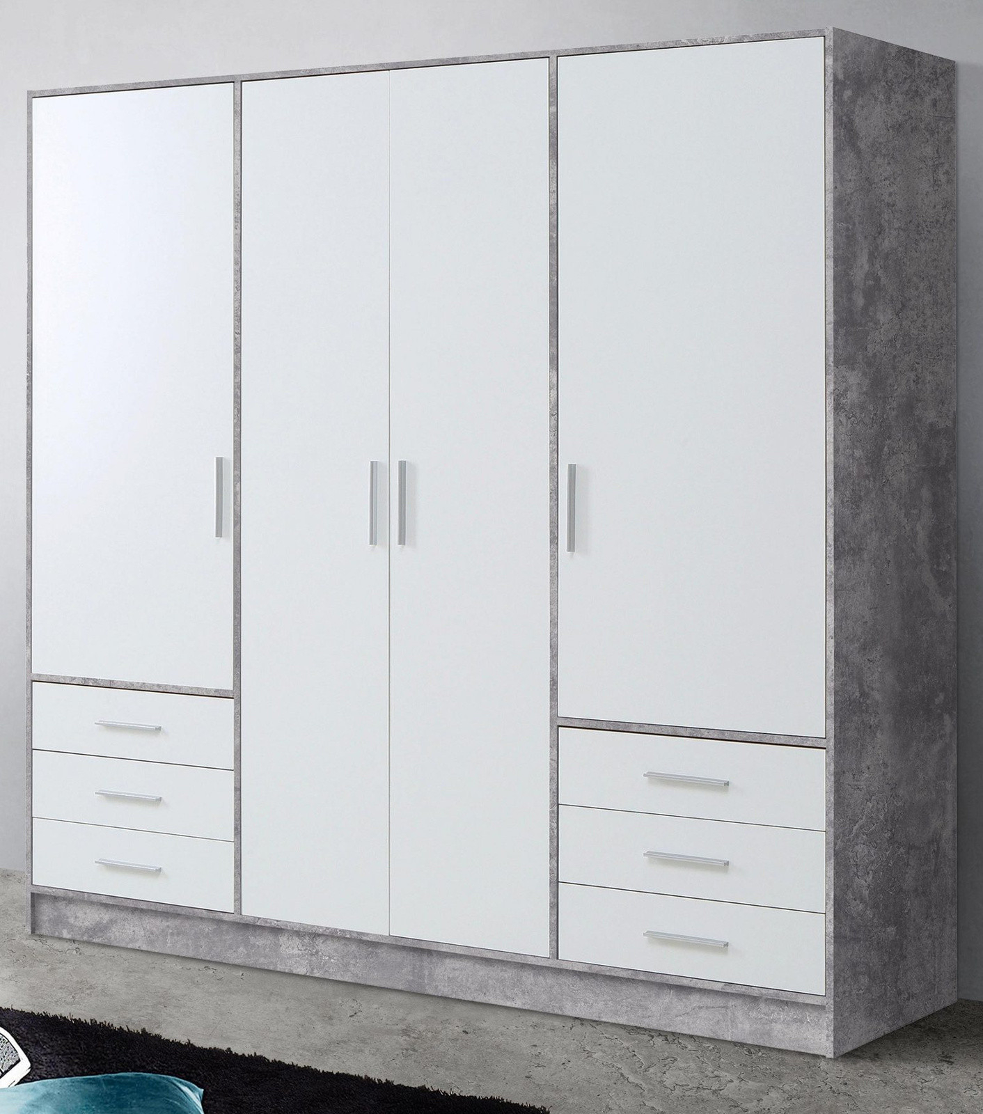 Kleiderschrank Jupiter Weiß Und Beton Grau Drehtürenschrank 4-Türig, 6  Schubladen 207 X 200 Cm with regard to Kleiderschrank Grau Weiß